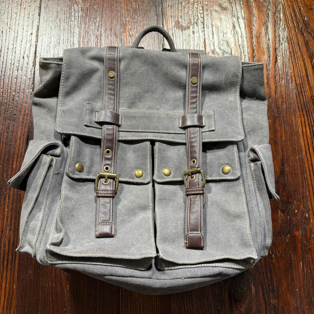 Cargoit Backpack Gray Canvas Faux Leather Trim Utility Laptop Bag Hiking